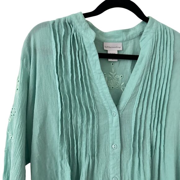 Soft Surroundings Seafoam Green Button Up Embroidered Cotton Tunic Size L - Picture 4 of 7